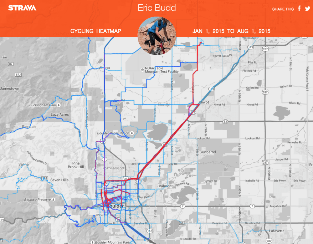 Boulder bike commuting map via Strava heatmap